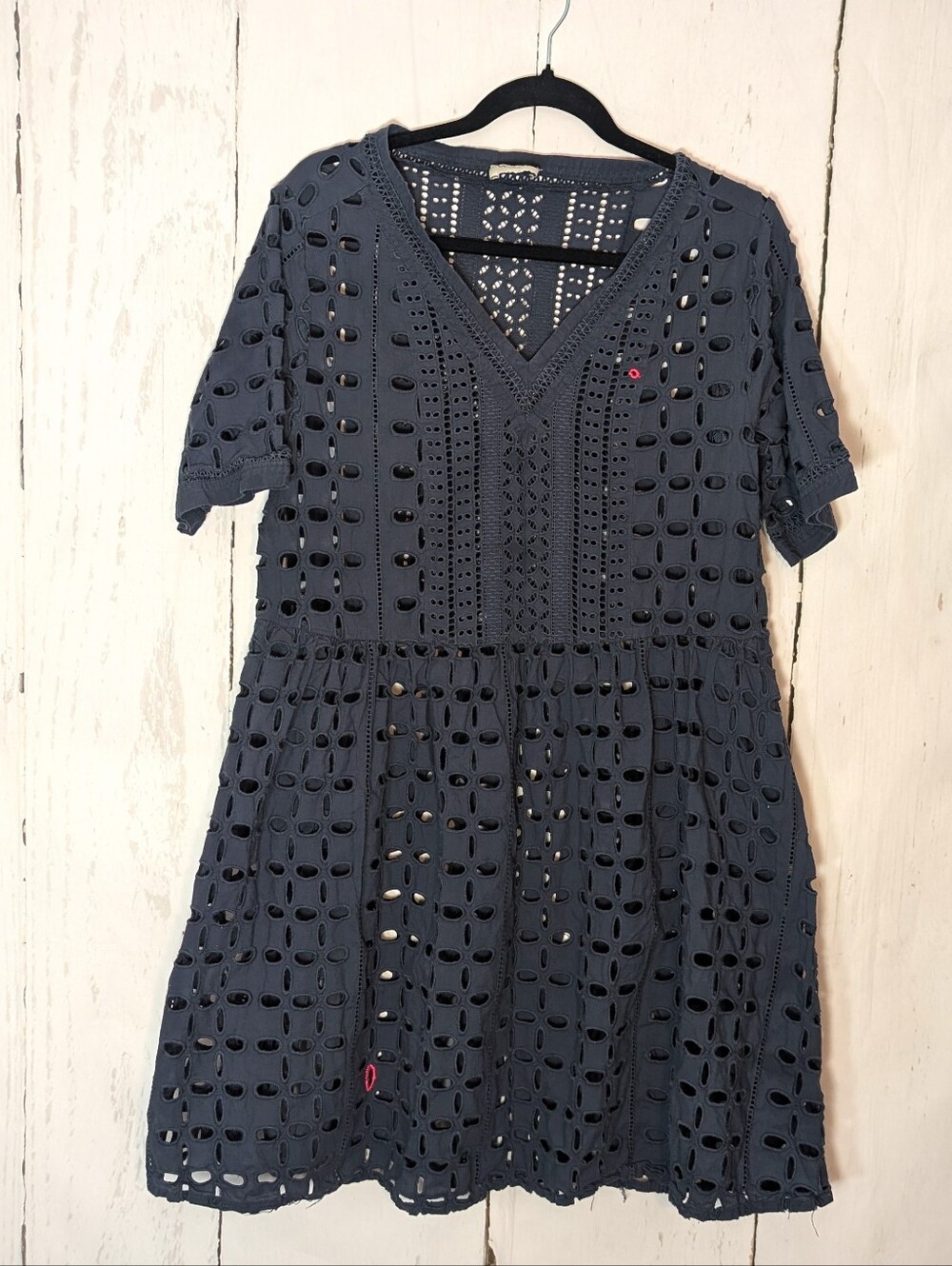 Wrap London Navy Eyelet V-Neck Midi Dress